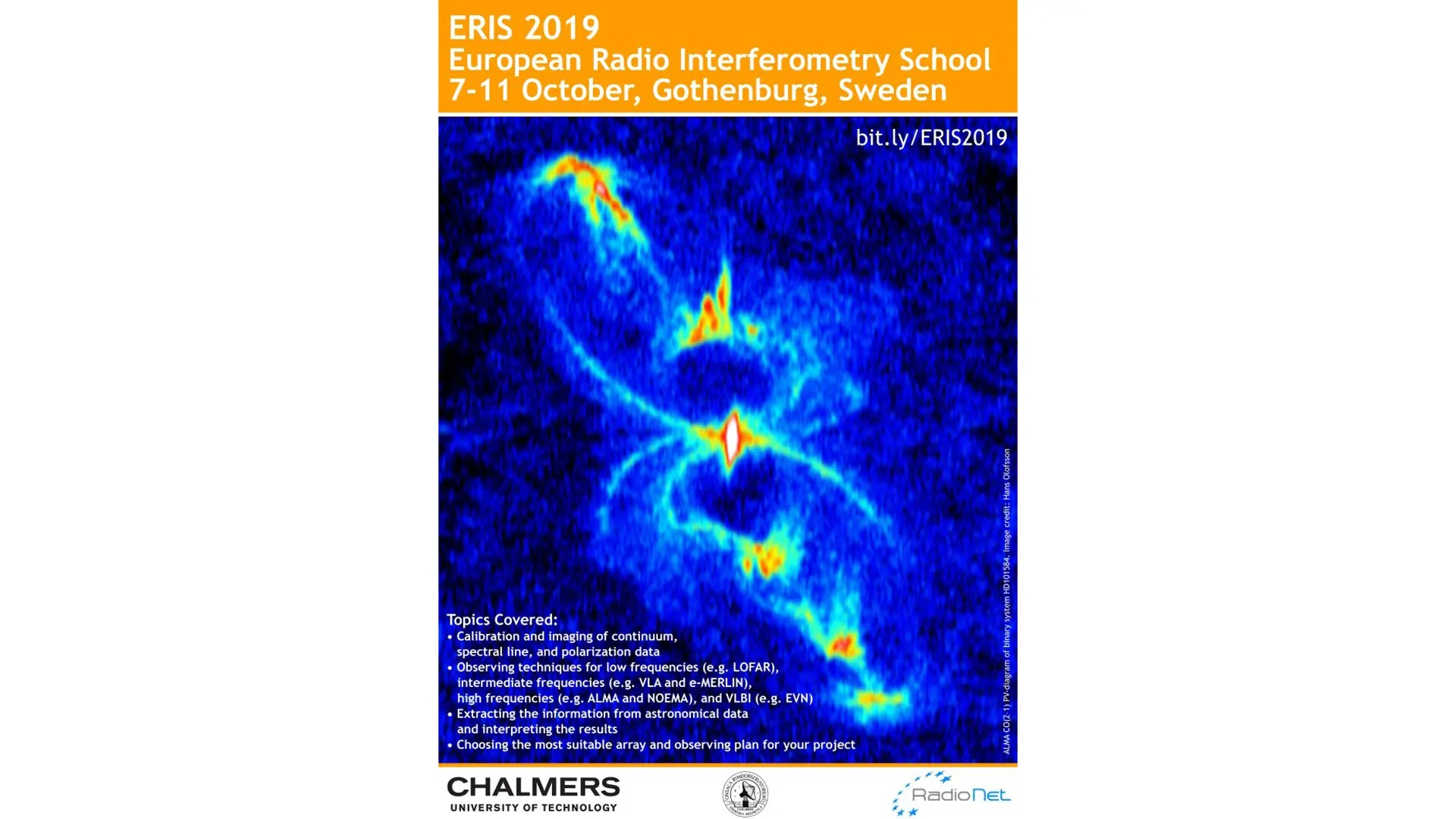 Poster for ERIS 2019 school, showing science data from ALMA in bright colours with blue background