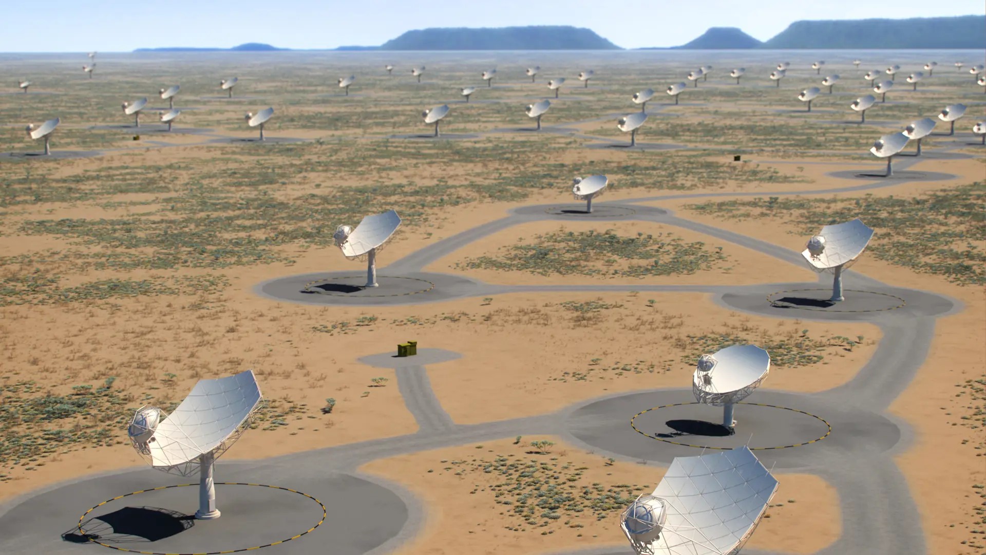 An artist’s impression of the completed Phase 1 of the SKA in South Africa’s Karoo Desert. (Credit: SKA Organisation)