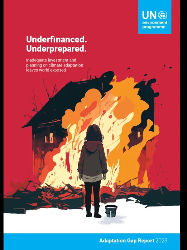 FN-rapportens omslag är en bild på ett barns silhuett framför ett brinnande hus
