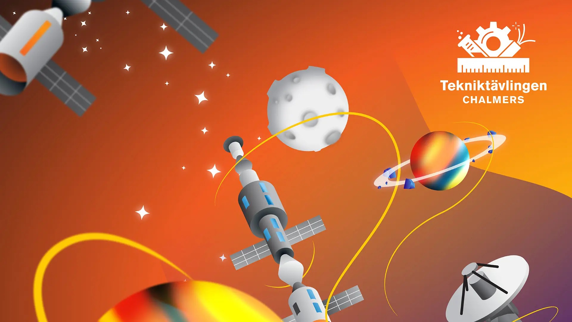 Illustration med raketer, planeter och rymdstationer