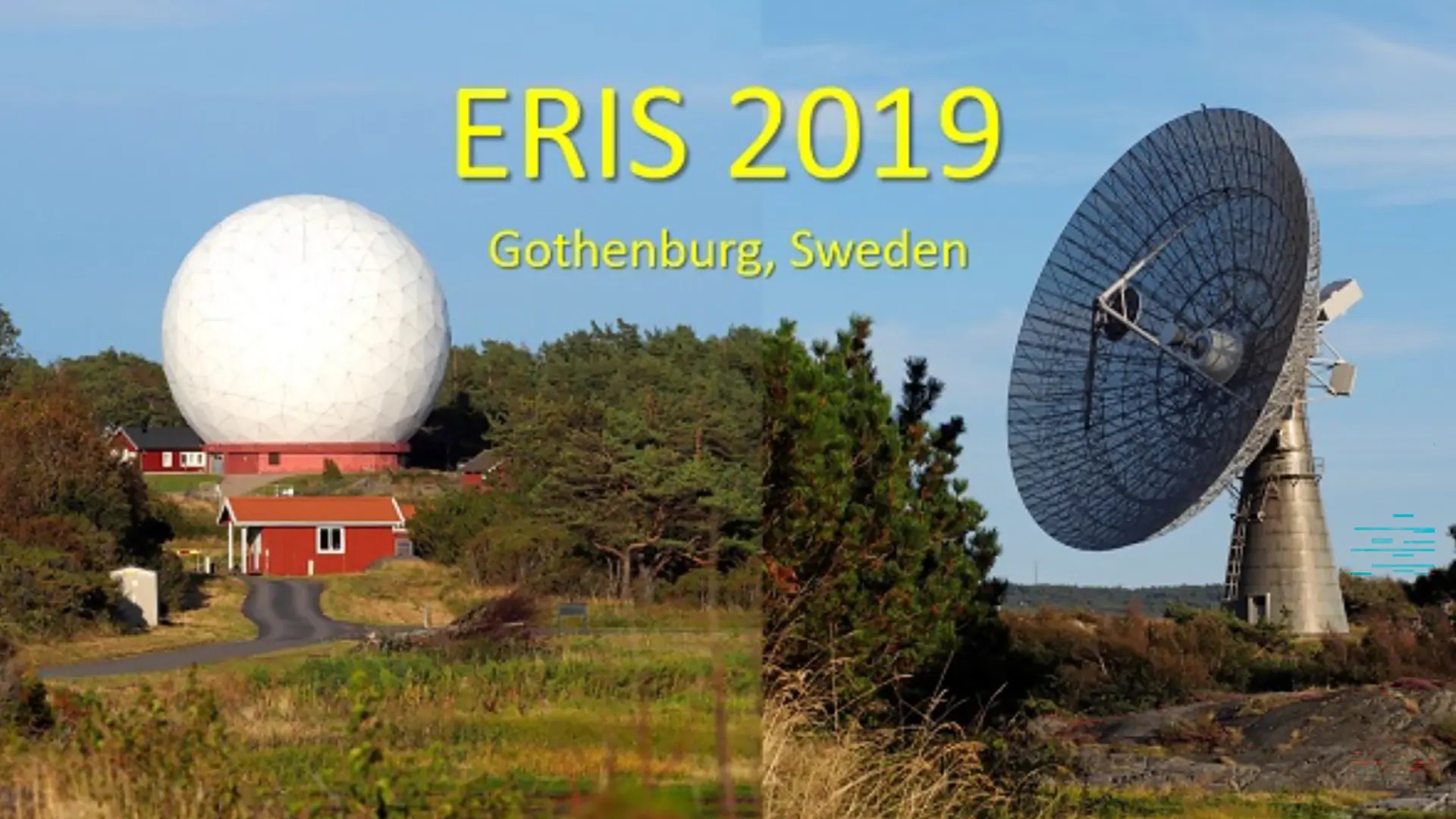 Photographs of two radio telescopes in Onsala, with title ERIS 2019 superimposed