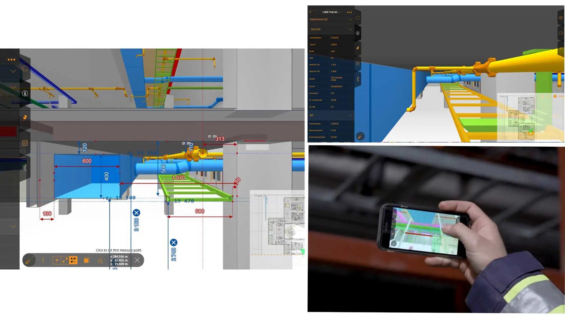 Collage: BIM model views and a photo of ahnad holding a smartphone
